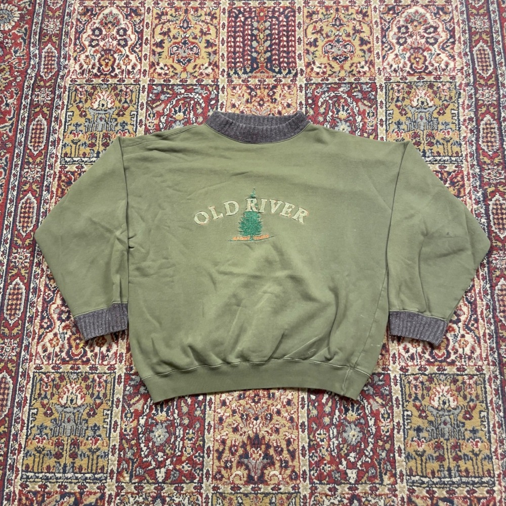 VTG 80s 90s Old River Sport Times Sweatshirt L Green Gray Italy Two Tone Logo